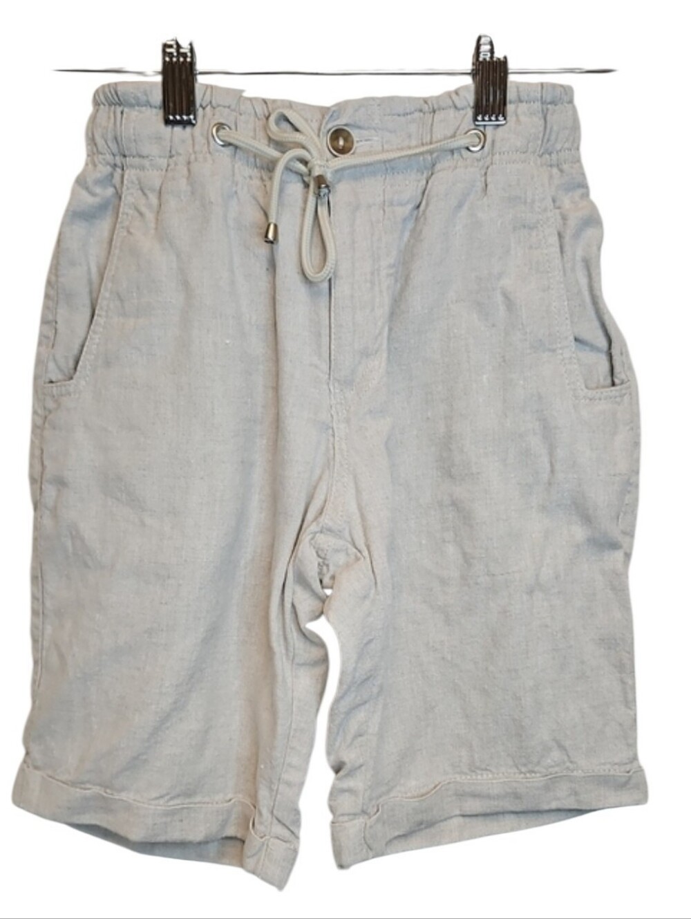Renzo Bambino Casual Drawstring Linen Bermuda Shorts - Oatmeal Color, Size 16